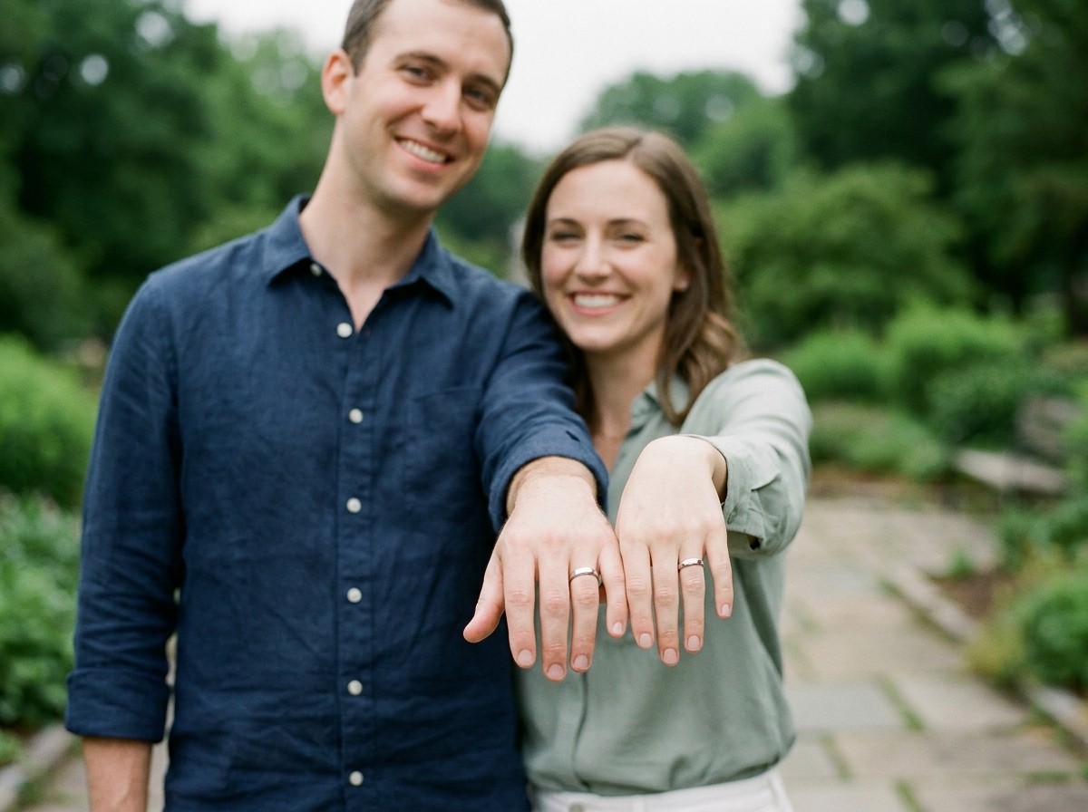 Couple tenant leurs mains côte à côte pour montrer leurs alliances en platine assorties dans un cadre urbain verdoyant, photo lifestyle pour choisir des alliances de mariage