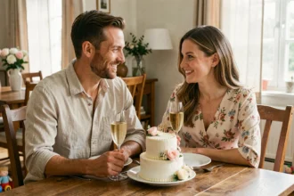 Couple fêtant leur deuxième anniversaire de mariage à la maison autour d'un gâteau et de champagne, avec des jouets d'enfants visibles en arrière-plan