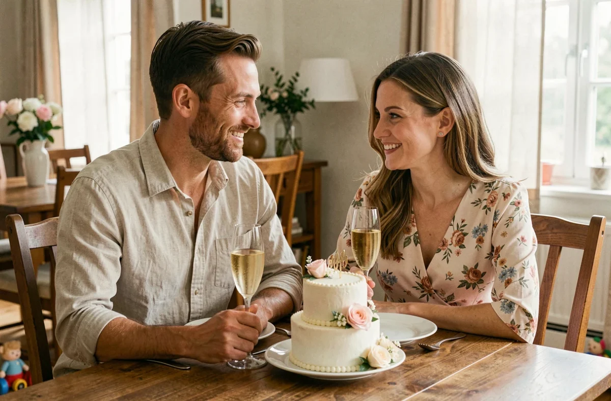 Couple fêtant leur deuxième anniversaire de mariage à la maison autour d'un gâteau et de champagne, avec des jouets d'enfants visibles en arrière-plan