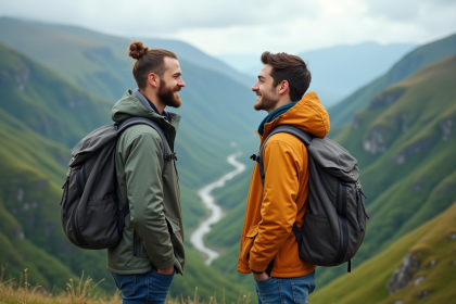Jeune couple souriant en pleine nature avec vue sur la vallée