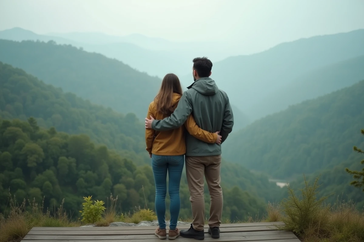 Couple enlacé sur un belvédère face à un paysage de vallée verdoyante, symbole d'une relation épanouie par les voyages en nature