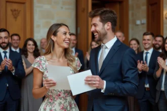 Couple célébrant la signature de leur PACS entouré de proches joyeux dans une mairie moderne