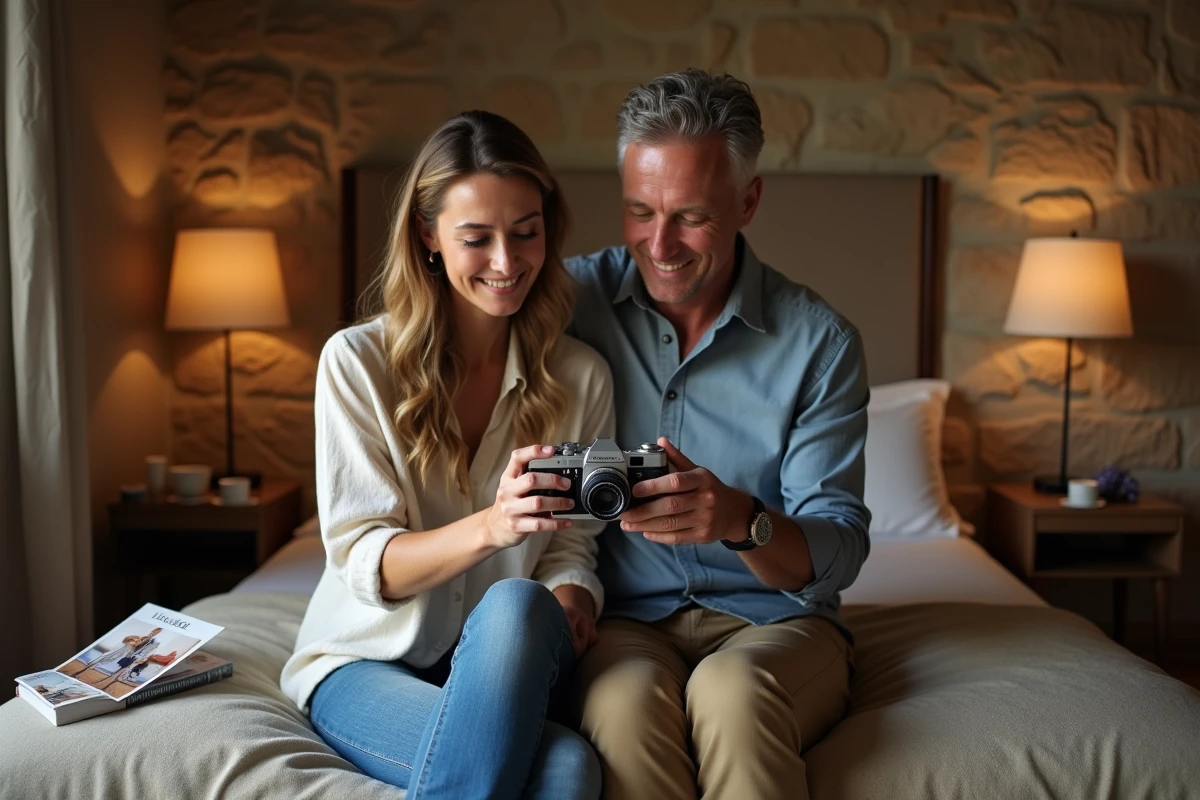 Couple partageant des souvenirs photographiques dans une chambre d'hôtel rustique, illustrant la complicité et l'intimité nées des voyages