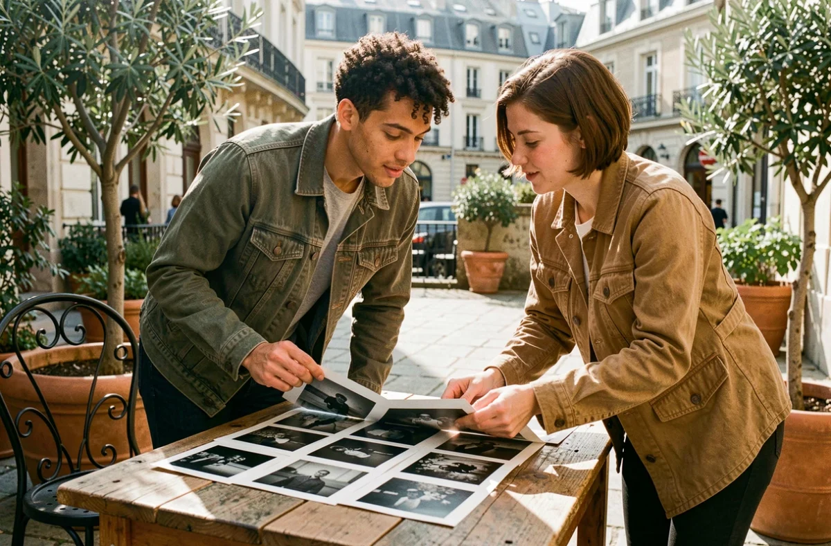 Un couple discutant avec une photographe argentique de son portfolio en noir et blanc dans une cour parisienne