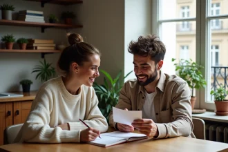 Jeune couple souriant dans une cuisine parisienne chaleureuse