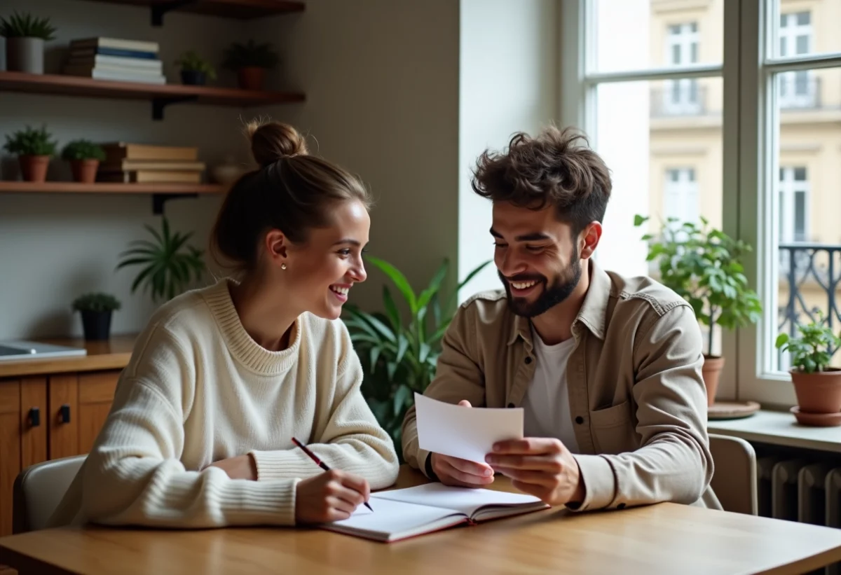 Jeune couple souriant dans une cuisine parisienne chaleureuse