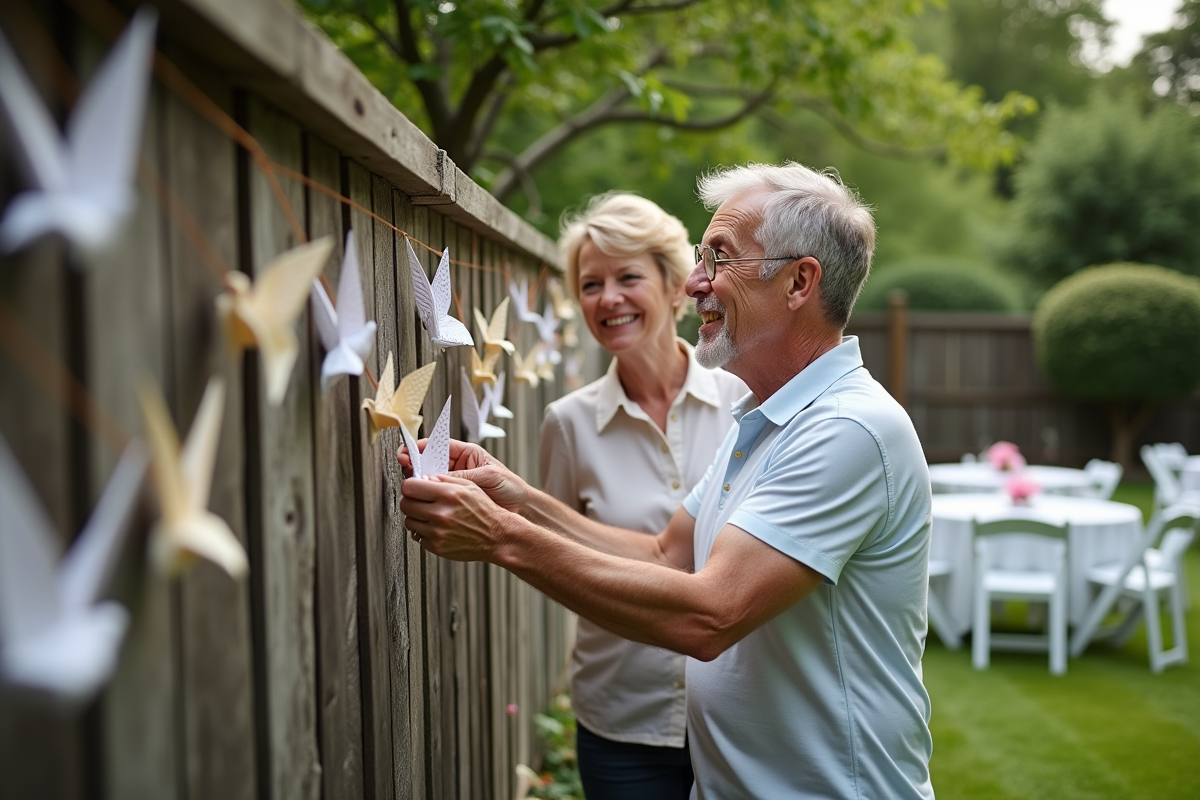 Couple accrochant des guirlandes en plein air dans leur jardin