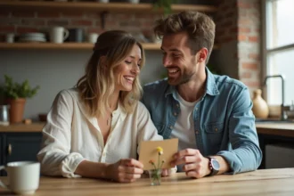 Jeune couple célébrant deux mois de mariage avec une carte artisanale dans une cuisine rustique chaleureuse