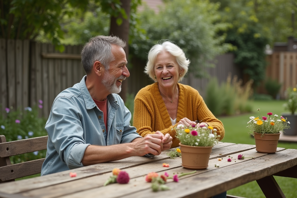 Couple arrange fleurs pour decorations mariage en jardin