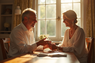 Couple d'âge moyen échangeant des cadeaux de perles à table