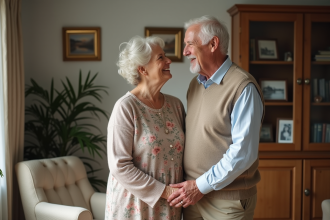 Couple de seniors souriants dans leur salon chaleureux