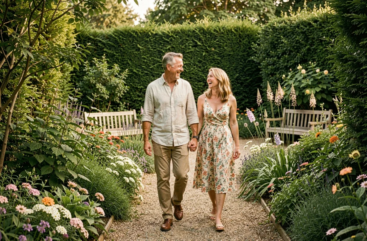 Couple se promenant dans un jardin botanique verdoyant, ambiance détendue et naturelle liée au jardinage et à la télévision publique