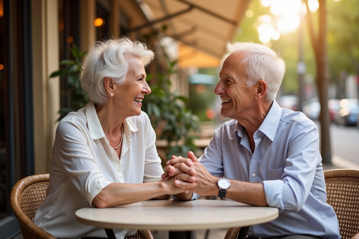 Couple de seniors souriants à un café en plein air