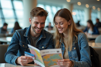 Jeune couple souriant dans un lounge aéroport