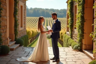 Couple en tenue de mariage consultant un calendrier de réservation sur la terrasse d'un château viticole en Gironde entouré de vignes dorées