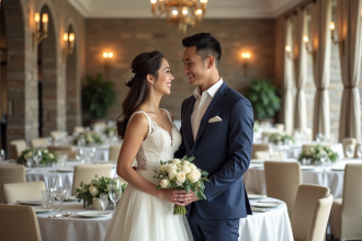 Couple joyeux en mariage dans salle élégante avec décor floral