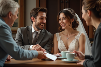 Couple souriant en mariage avec famille lors d'un moment intime