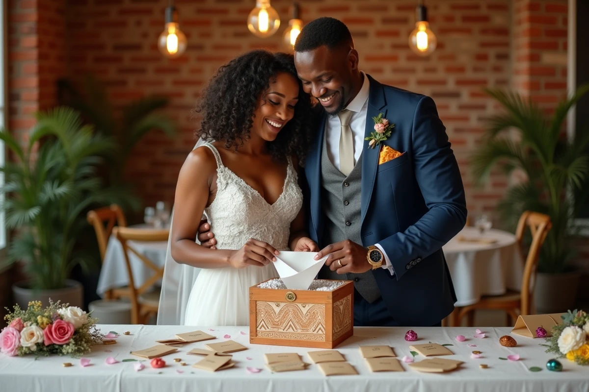 Couple marié mixte tirant une carte de gage d'une boîte décorée entourée d'enveloppes et d'objets symboliques de différentes cultures lors du jeu des douze mois
