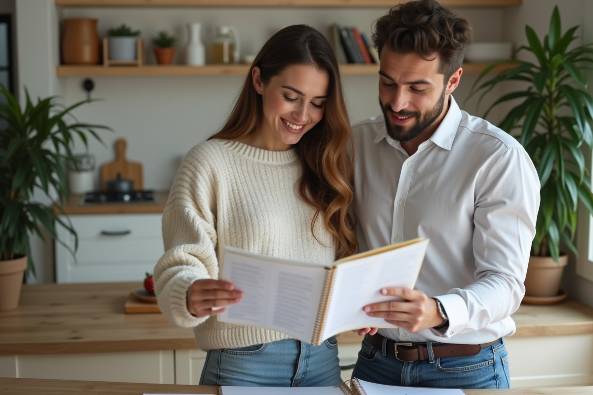Jeune couple planifiant leur mariage à la maison