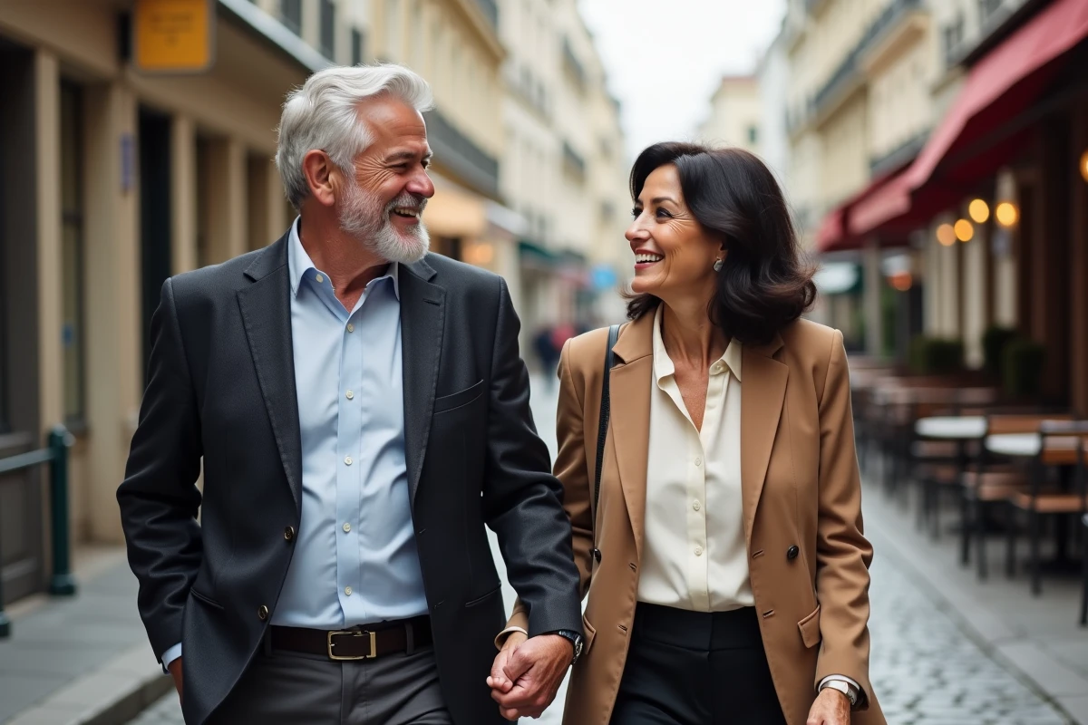 Couple élégant se promenant main dans la main dans les rues pavées de Paris, symbole de complicité conjugale durable
