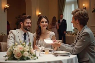 Jeune couple souriant lors de la réception de mariage