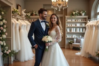 Jeune couple admire accessoires de mariage à Bordeaux