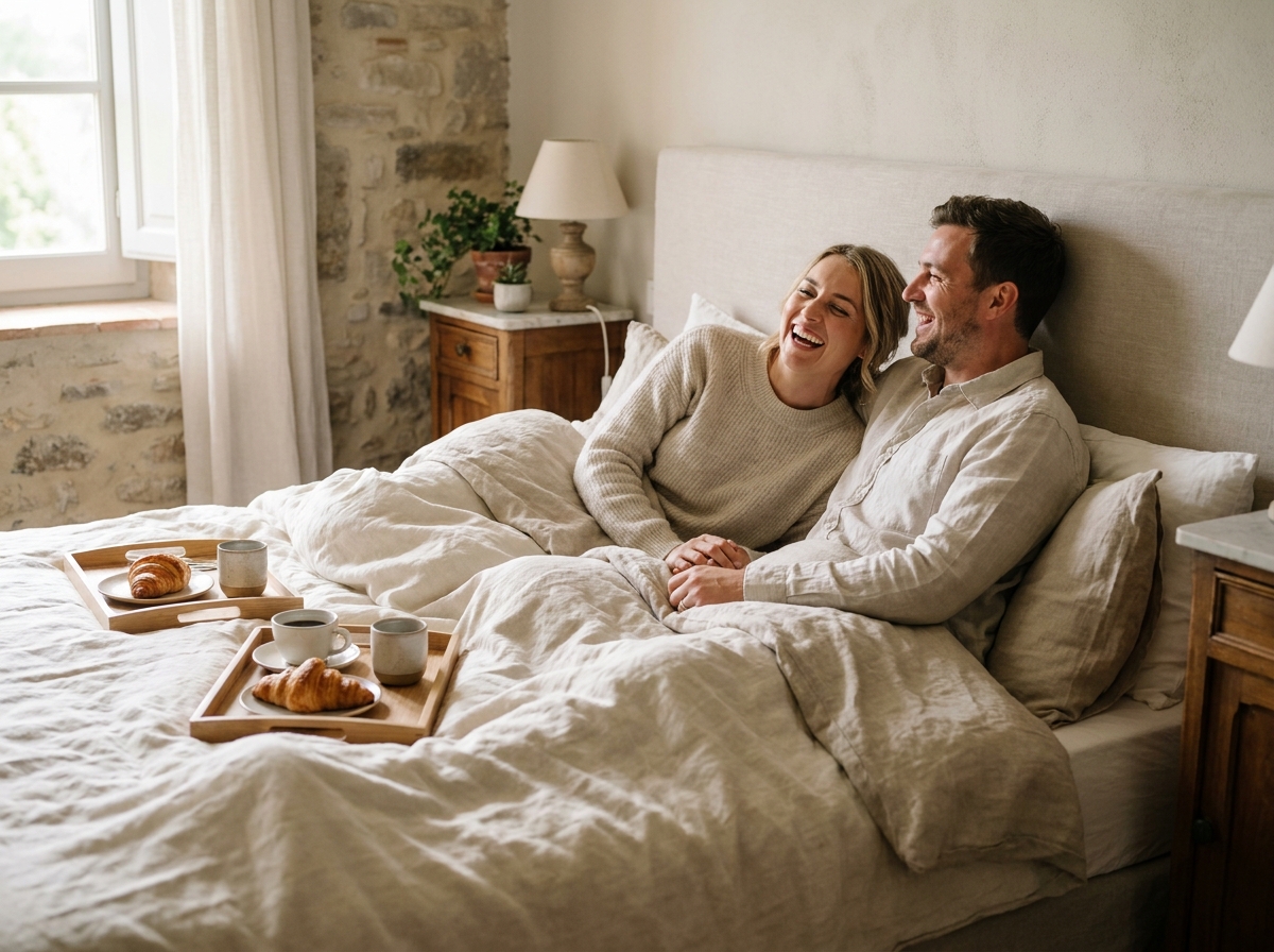 Couple de mariés au lendemain de leur mariage dans une chambre d'hôtes rustique partageant un petit-déjeuner au lit