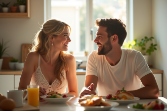 Jeune couple marié riant au petit déjeuner en cuisine lumineuse