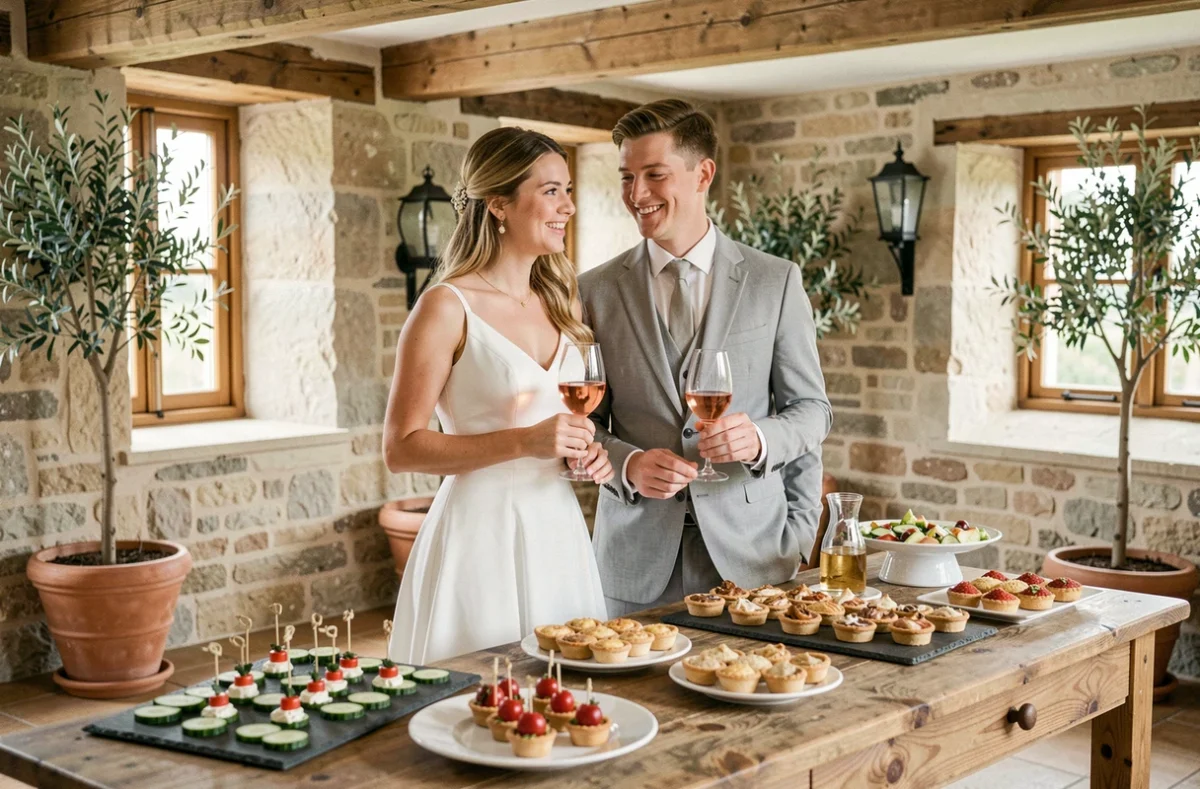Couple de mariés tenant des coupes de rosé lors d'un vin d'honneur simple et économique dans une salle de village en pierre