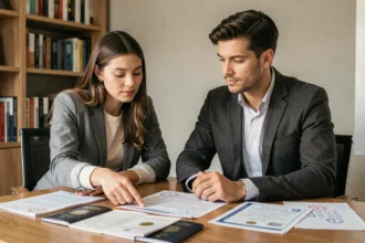 Couple mixte vérifiant des documents officiels pour un mariage international à domicile