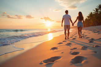 Jeune couple main dans la main sur plage tropicale au coucher de soleil