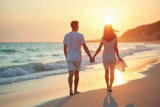 Couple heureux marchant sur la plage au coucher de soleil