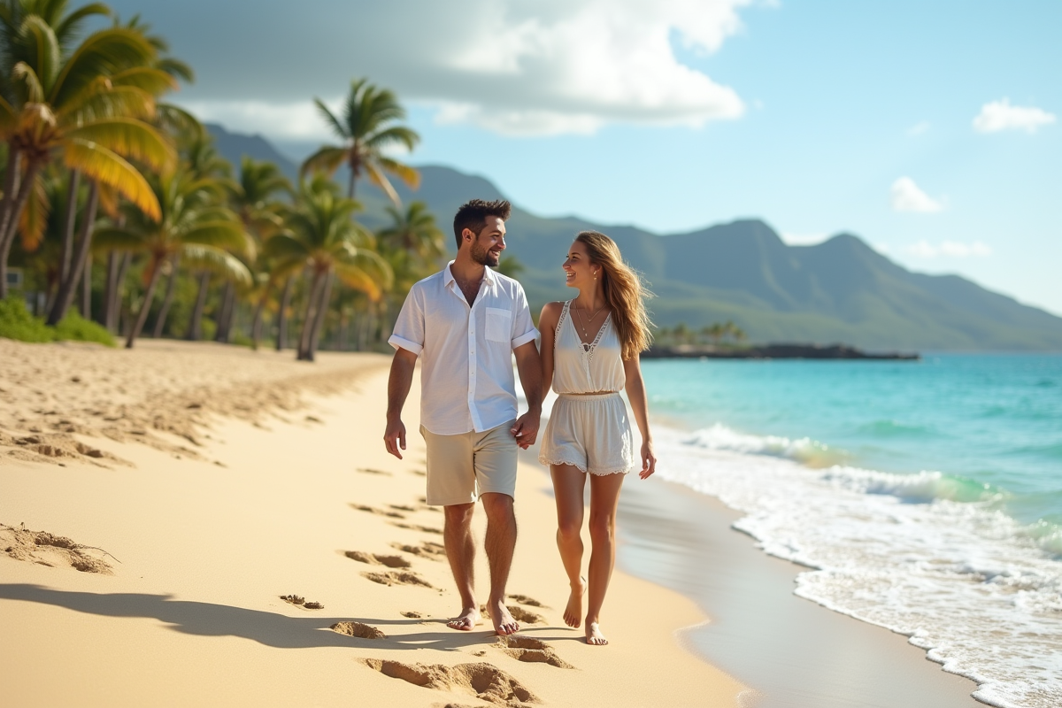 Jeune couple souriant marchant sur une plage hawaienne