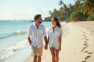 Couple souriant sur plage tropicale en été