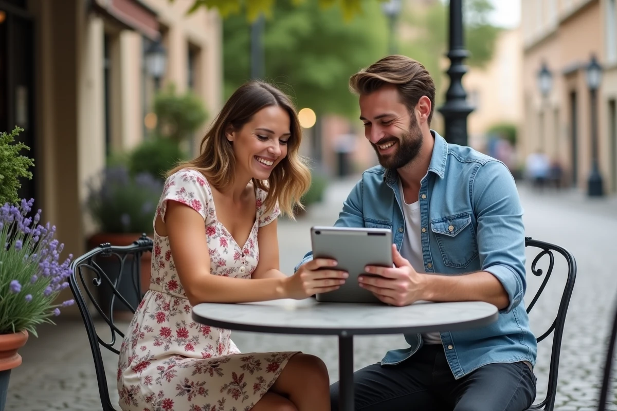 Couple heureux planifiant leur mariage ensemble en terrasse de café avec une tablette numérique