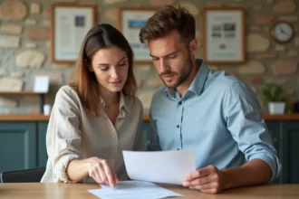 Couple consultant des documents administratifs pour la publication des bans au bureau de la mairie