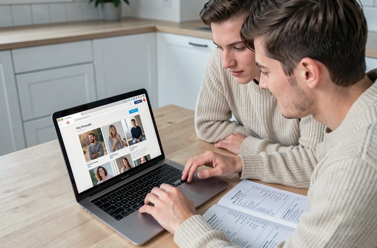 Couple recherchant et comparant des photographes professionnels en ligne depuis leur domicile à Orvault