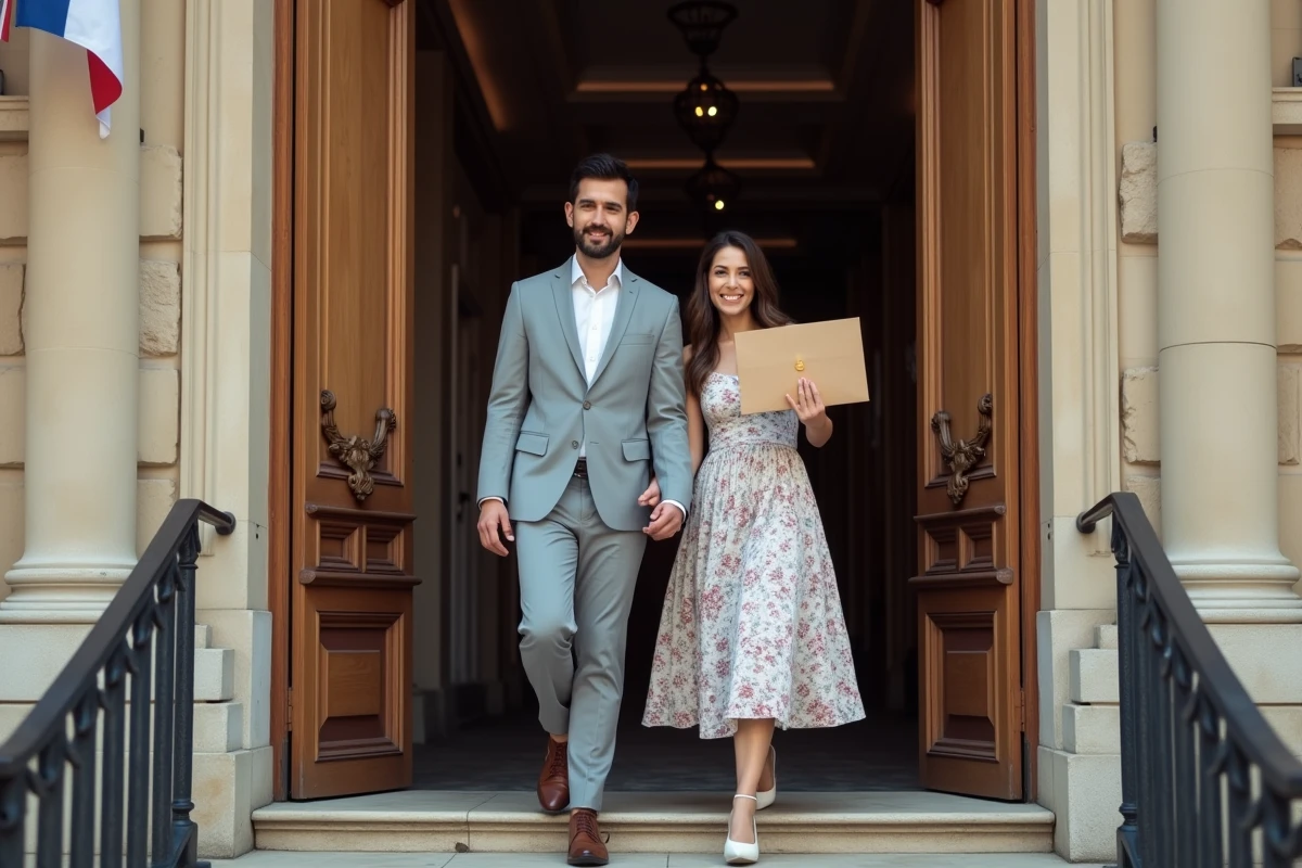 Couple récupérant les documents officiels de mariage à la sortie de la mairie