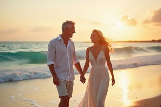 Couple mature main dans la main sur la plage au coucher de soleil
