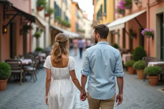 Jeune couple marchant dans une vieille ville européenne