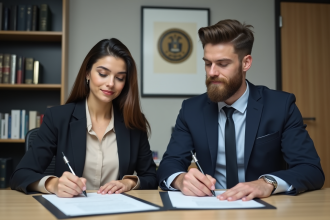 Jeune couple signant des documents officiels à la mairie