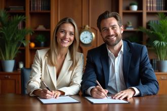 Couple souriant signant des documents dans un bureau notarial
