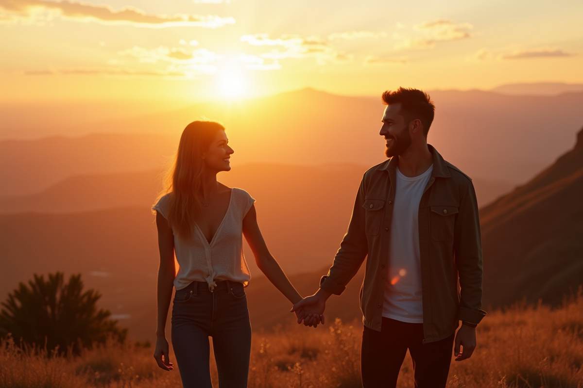 Couple main dans la main au sommet avec paysage au coucher du soleil