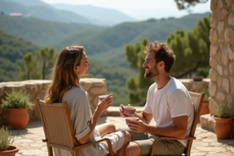 Couple en vacances sur une terrasse en pierre en Corse avec vue sur le maquis et la mer au loin
