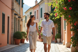 Jeune couple souriant marchant dans un village méditerranéen