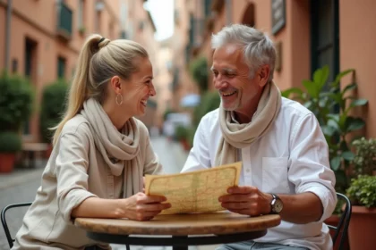 Couple complice autour d'une carte de voyage dans un café méditerranéen en plein air, évoquant les liens renforcés par les voyages
