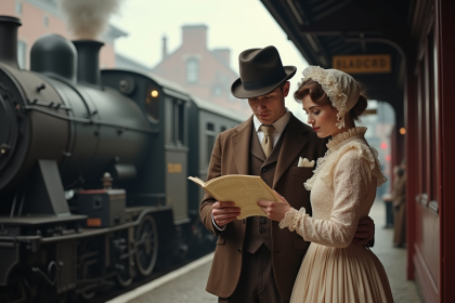 Jeune couple en voyage d'époque à la gare avec locomotive