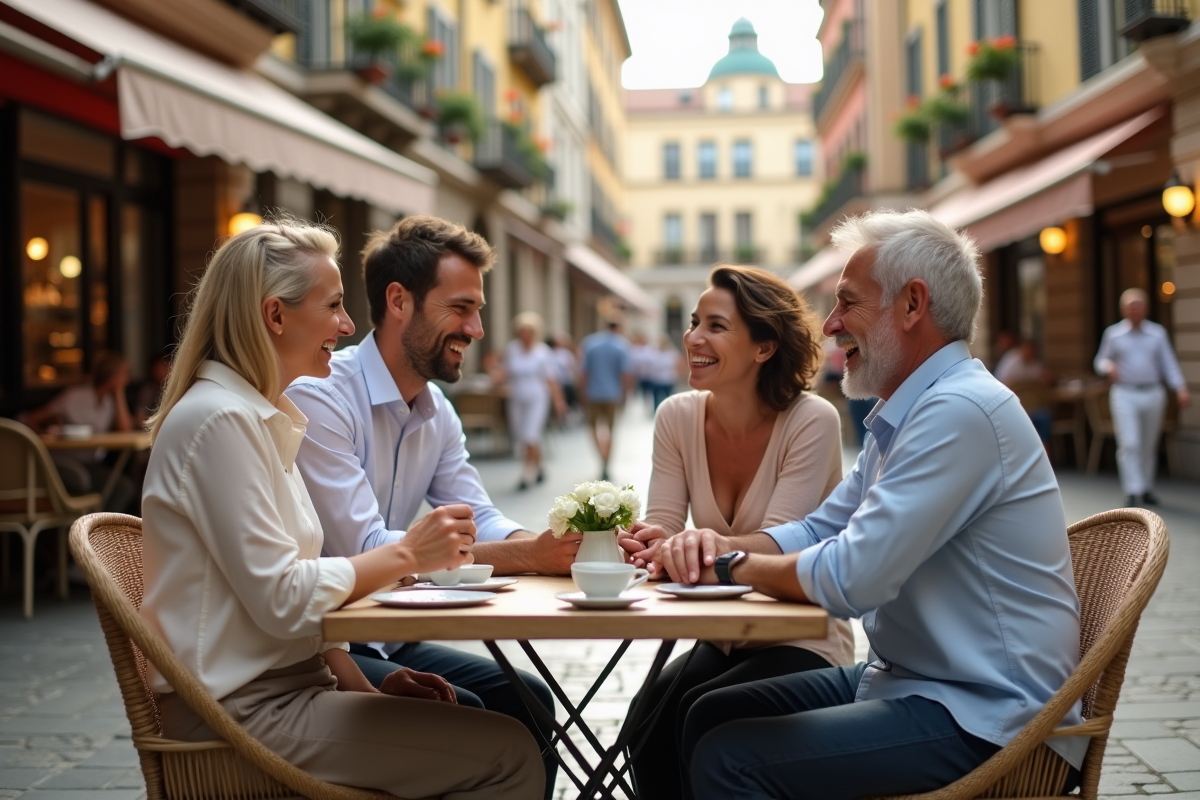 Deux couples discutant dans un café en ville avec architecture