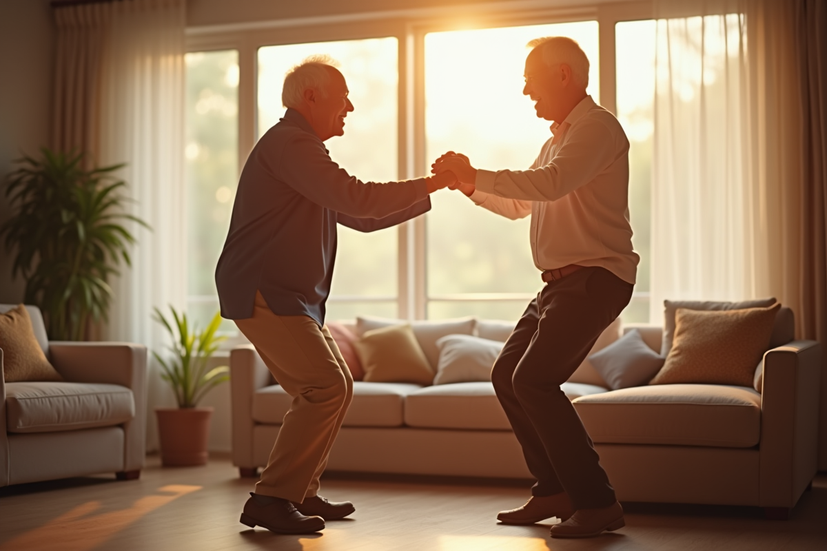 Couple âgé dansant dans un salon lumineux