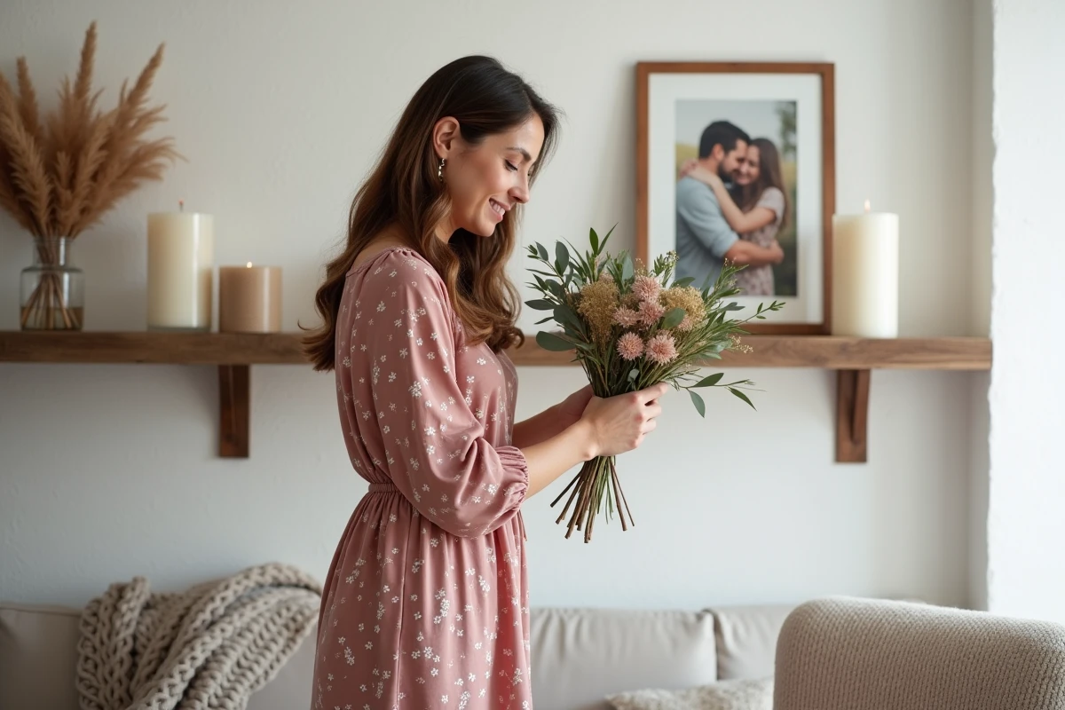 Femme arrangeant un décor anniversaire de mariage économique avec fleurs séchées et bougies dans un salon cosy